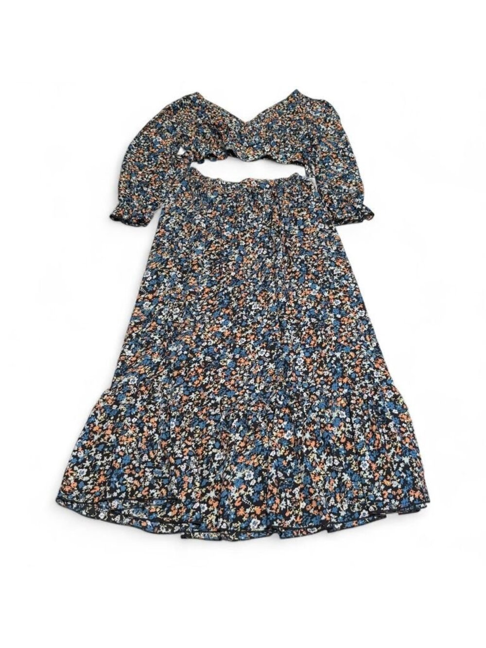 Floral Boho Maxi Skirt Crop Top Set Women's Large Summer Festival Cottagecore